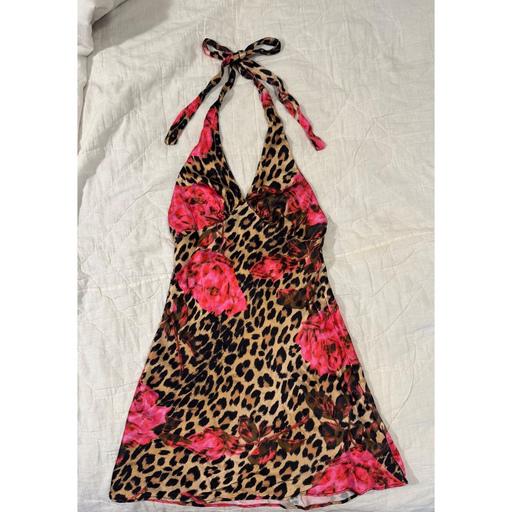 Topshop Leopard Pink Rose Floral Halter Mini Dress Open Back US 6 UK 10